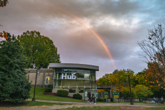 A double rainbow brightens the sky over the HUB, on the Fairfax Campus.  photo by Evan Cantwell/Creative Services